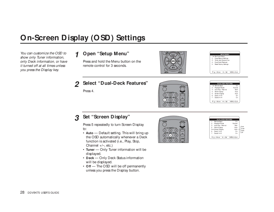 GoVideo DDV9475 manual On-Screen Display OSD Settings, Set Screen Display 