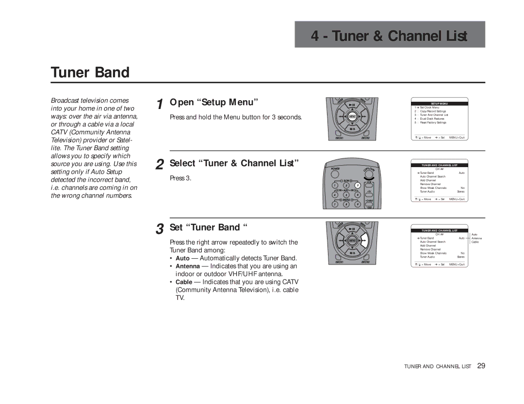 GoVideo DDV9475 manual Select Tuner & Channel List, Set Tuner Band 