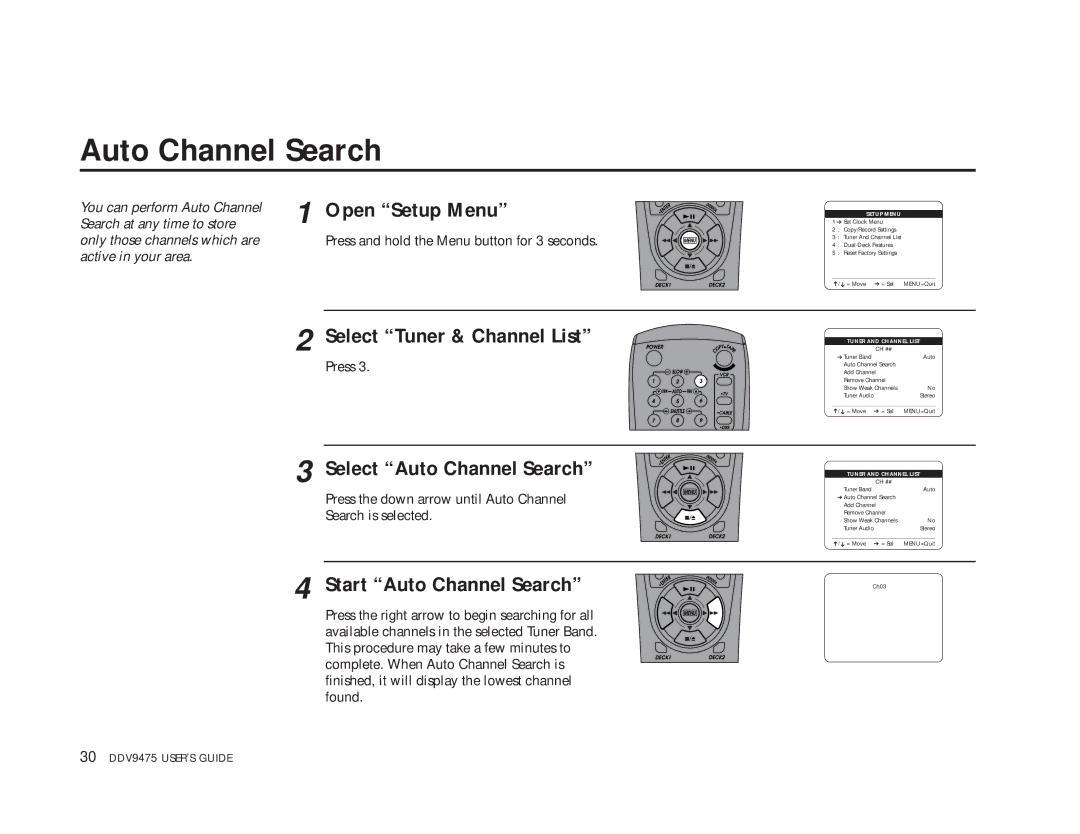 GoVideo DDV9475 manual Select Auto Channel Search, Start Auto Channel Search 