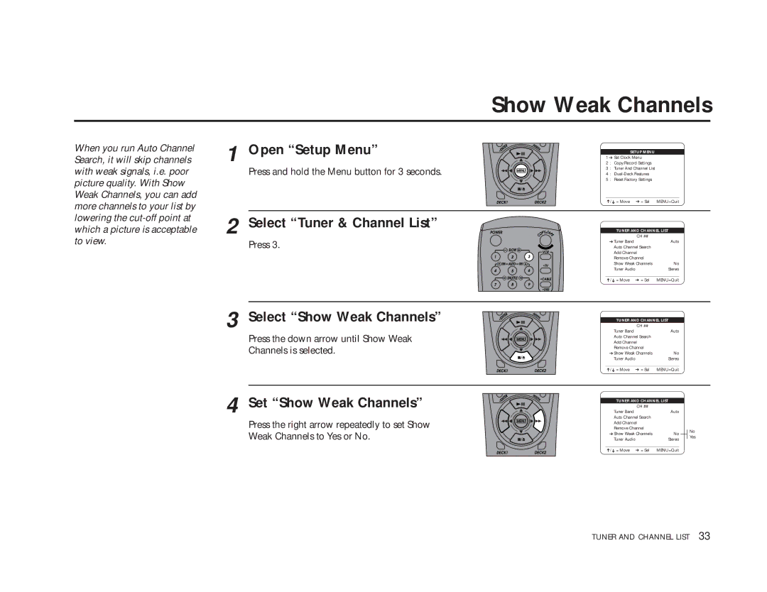 GoVideo DDV9475 manual Select Show Weak Channels, Set Show Weak Channels 