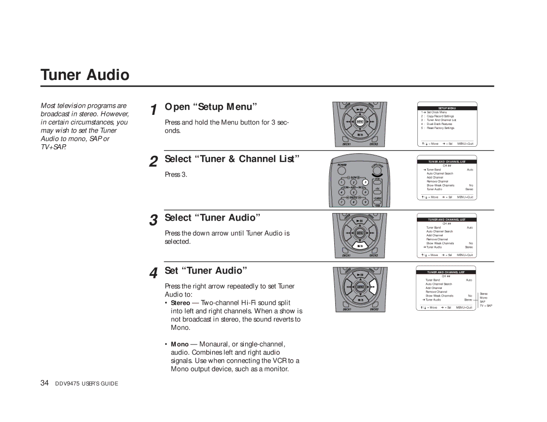 GoVideo DDV9475 manual Select Tuner Audio, Set Tuner Audio 