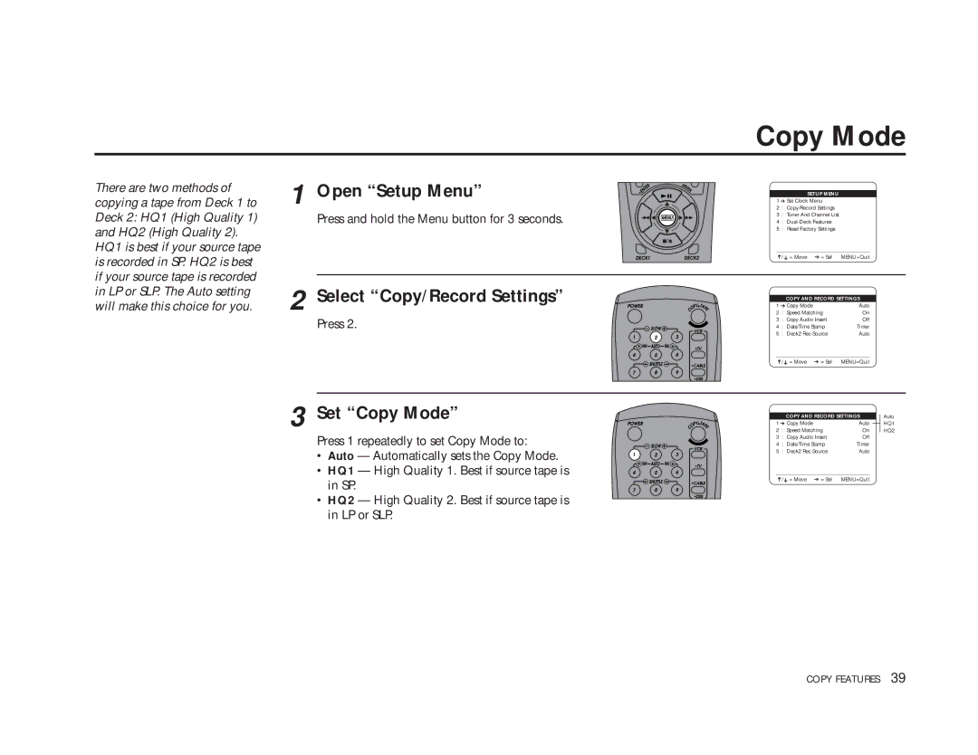 GoVideo DDV9475 manual Select Copy/Record Settings, Set Copy Mode 