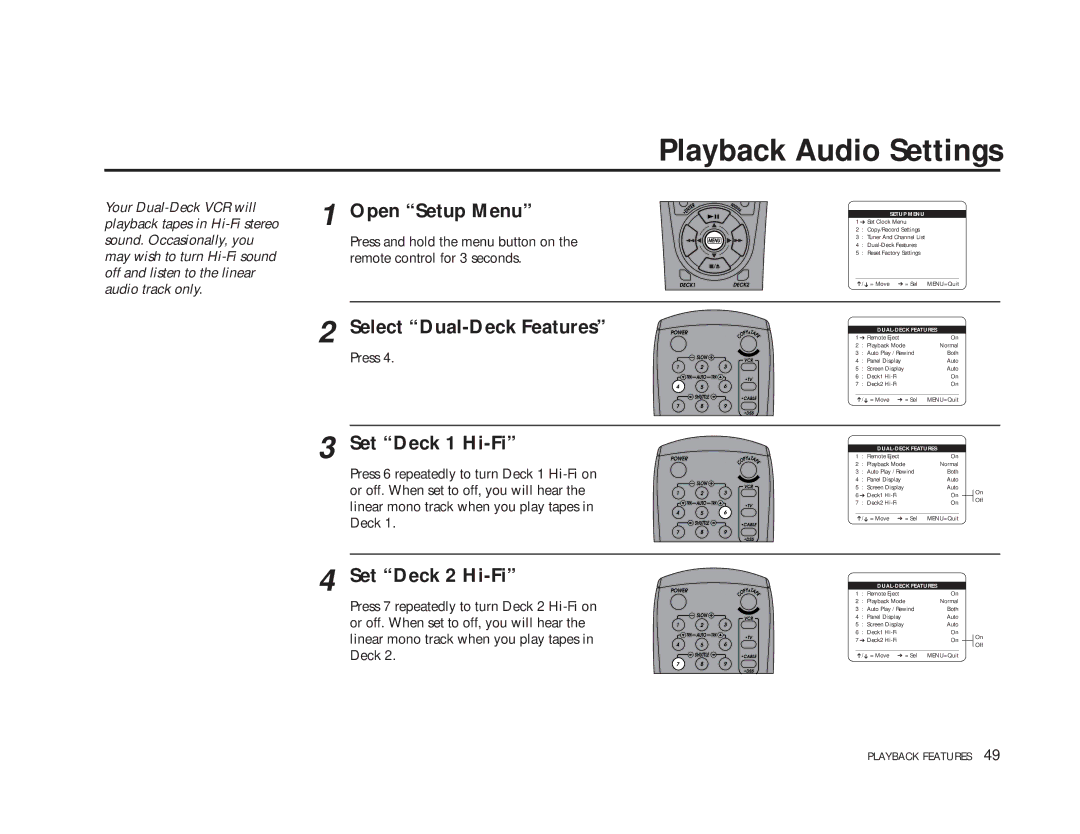 GoVideo DDV9475 manual Playback Audio Settings, Set Deck 1 Hi-Fi, Set Deck 2 Hi-Fi 