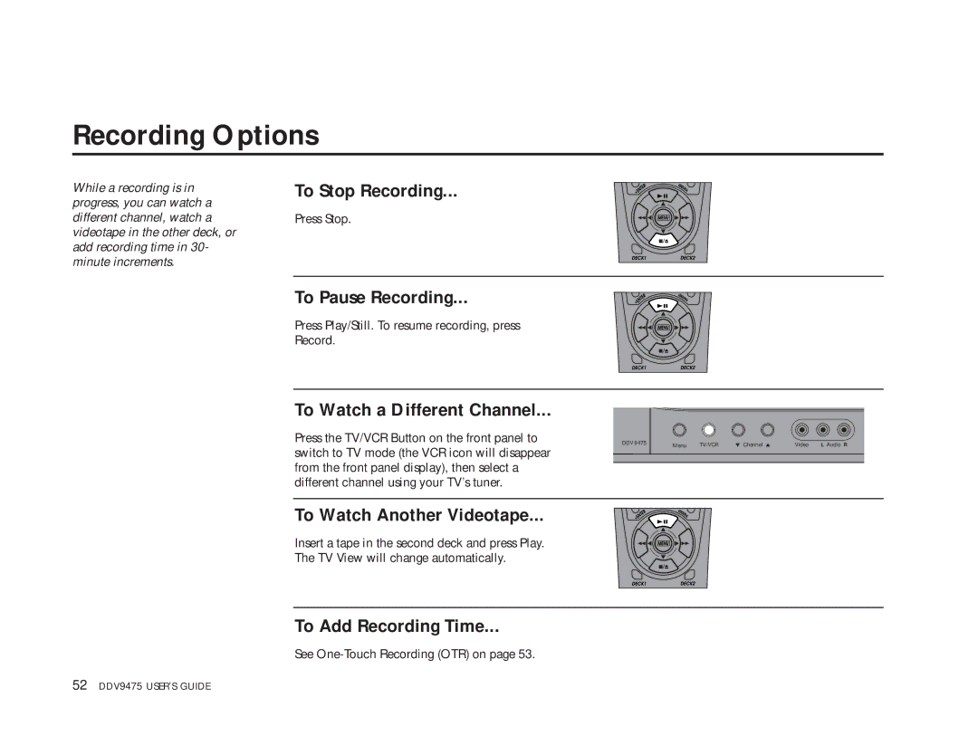 GoVideo DDV9475 manual Recording Options 