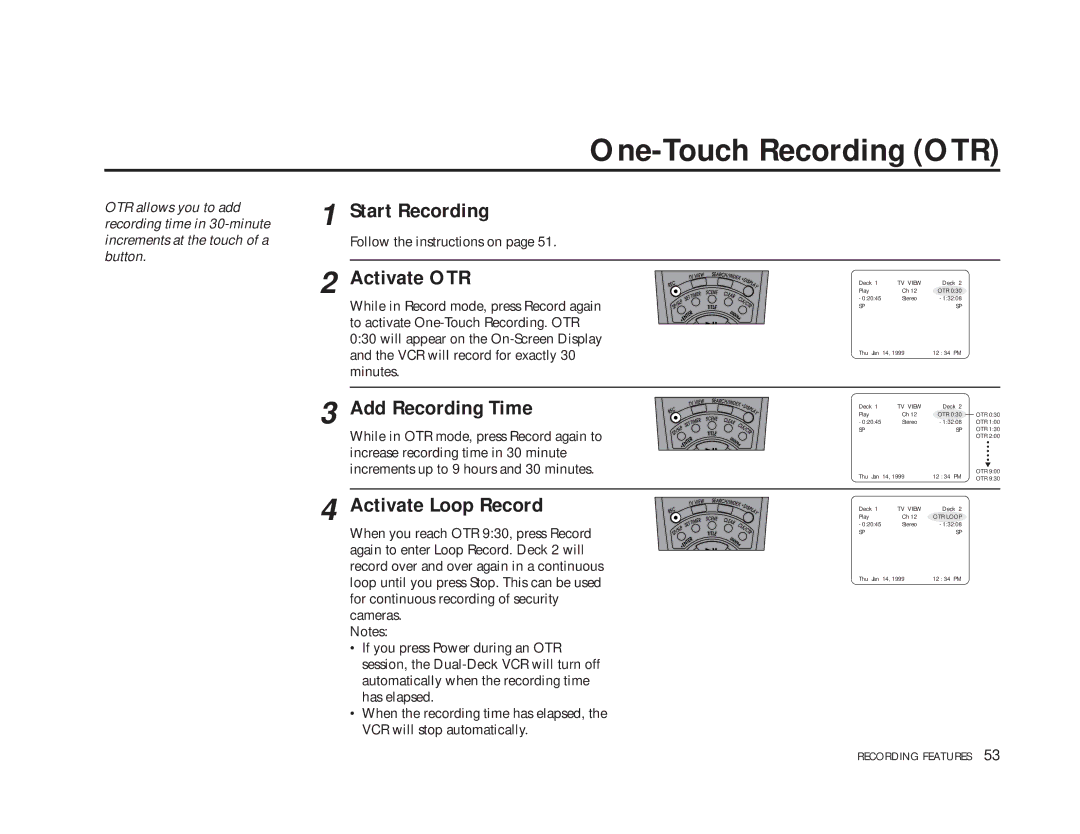 GoVideo DDV9475 manual One-Touch Recording OTR, Activate OTR, Add Recording Time, Activate Loop Record 