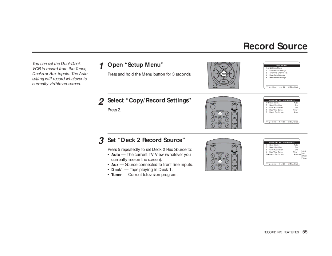 GoVideo DDV9475 manual Set Deck 2 Record Source 