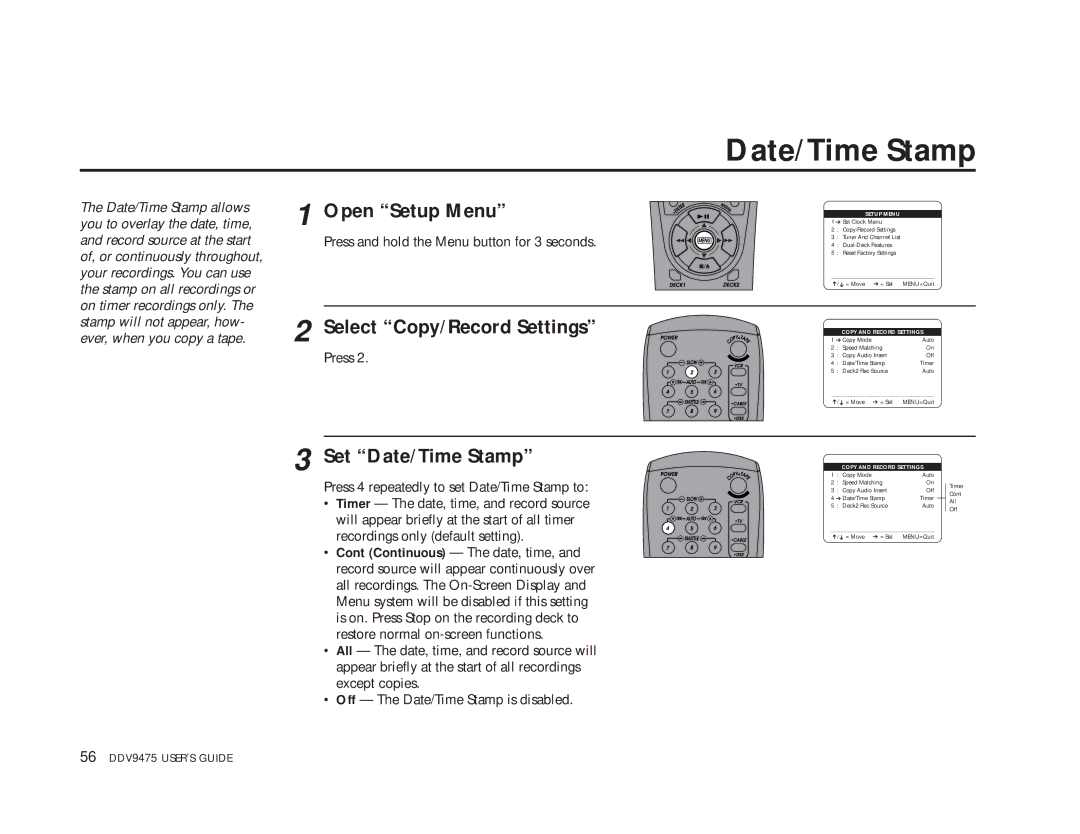 GoVideo DDV9475 manual Set Date/Time Stamp 