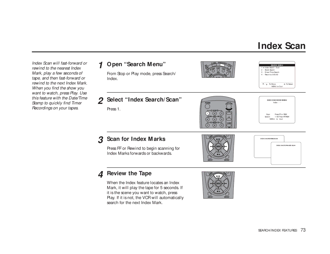 GoVideo DDV9475 manual Index Scan, Open Search Menu, Select Index Search/Scan, Scan for Index Marks, Review the Tape 