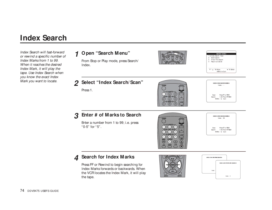 GoVideo DDV9475 manual Index Search, Enter # of Marks to Search, Search for Index Marks 