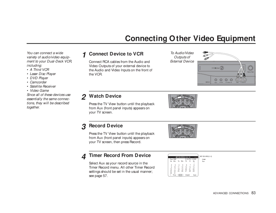 GoVideo DDV9475 manual Connecting Other Video Equipment, Connect Device to VCR, Watch Device, Record Device 