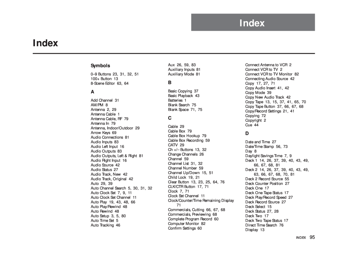 GoVideo DDV9475 manual Index, Symbols 