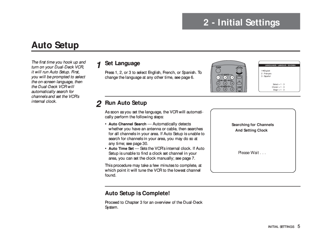 GoVideo DDV9475 manual Initial Settings, Set Language, Run Auto Setup, Auto Setup is Complete, internal clock 