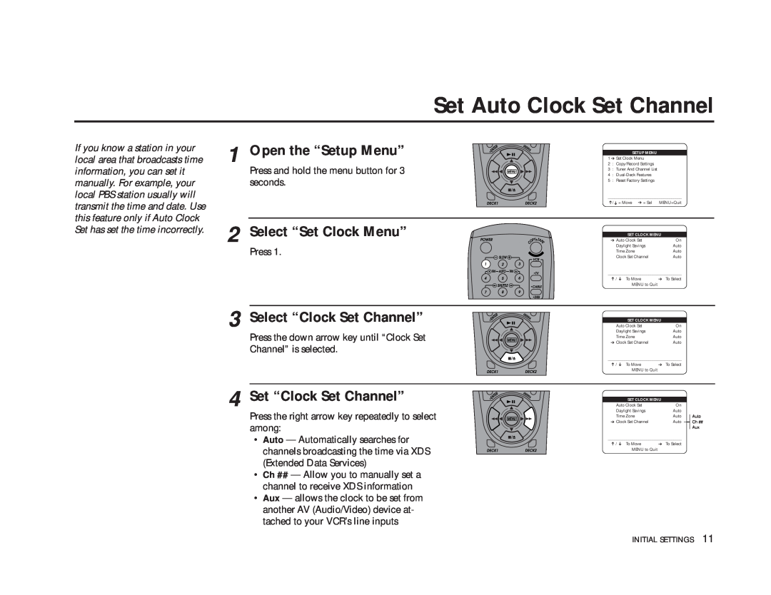 GoVideo DDV9475 Set Auto Clock Set Channel, Select “Clock Set Channel”, Set “Clock Set Channel”, Open the “Setup Menu” 