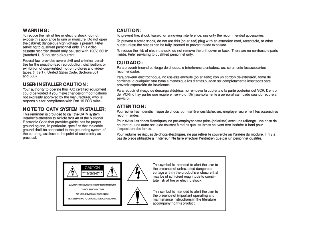 GoVideo DDV9475 manual User/Installer Caution, Cuidado, Note To Catv System Installer 