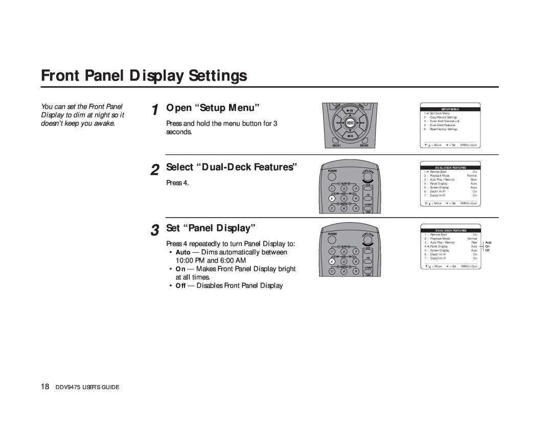 GoVideo DDV9475 Front Panel Display Settings, Open “Setup Menu”, Select “Dual-Deck Features”, Set “Panel Display”, seconds 