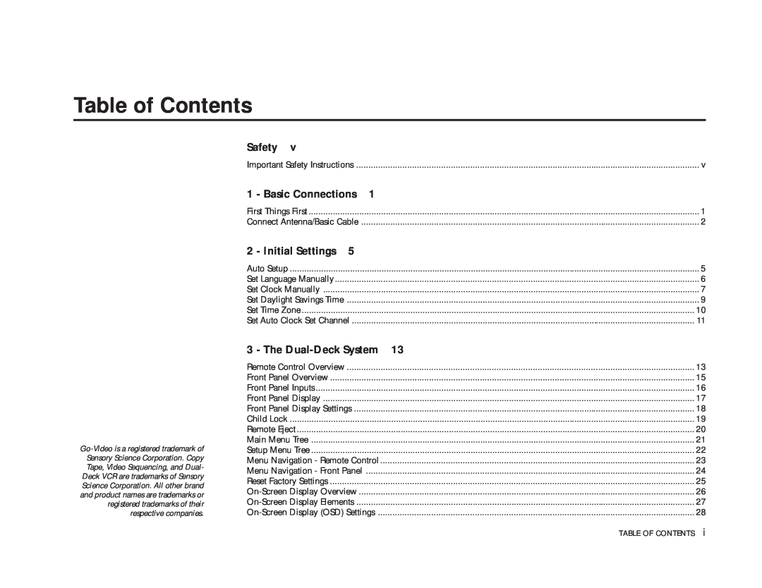 GoVideo DDV9475 manual Table of Contents, Safety, Basic Connections, Initial Settings, The Dual-Deck System 