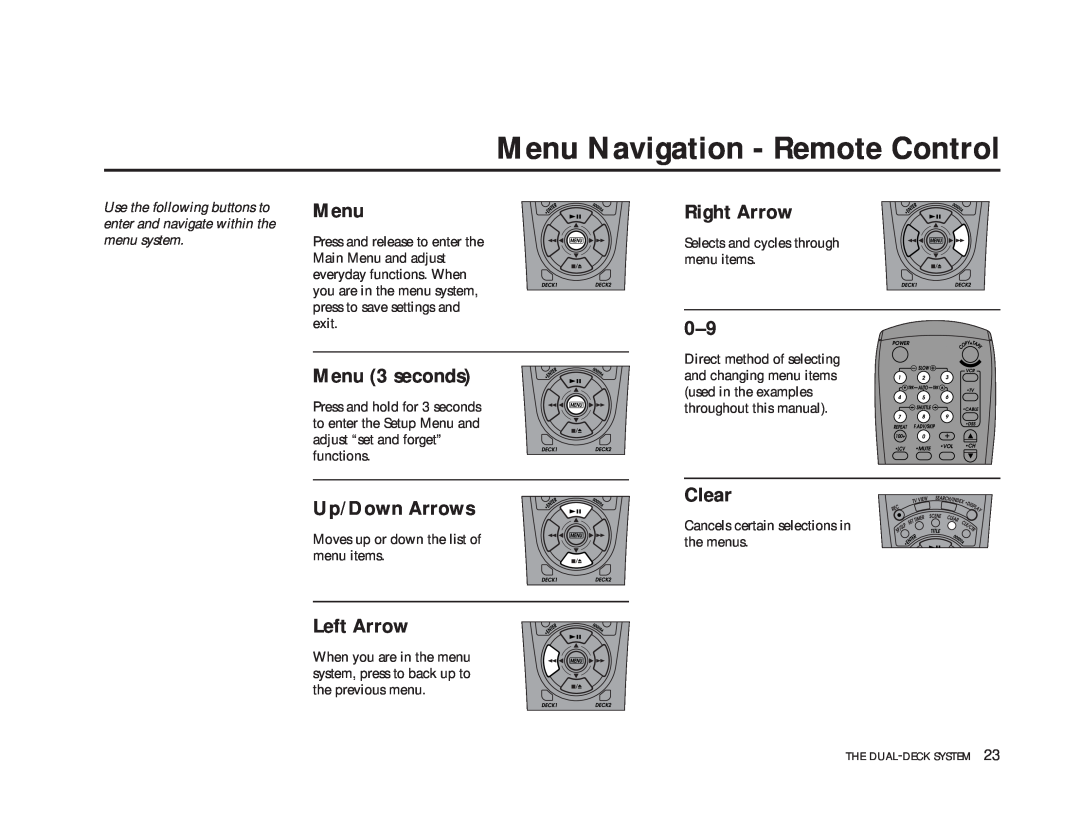 GoVideo DDV9475 manual Menu Navigation - Remote Control, Menu 3 seconds, Up/Down Arrows, Left Arrow, Right Arrow, Clear 