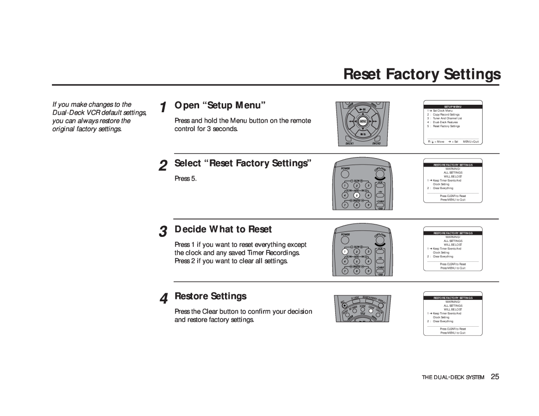 GoVideo DDV9475 manual Select “Reset Factory Settings”, Decide What to Reset, Restore Settings, Open “Setup Menu” 