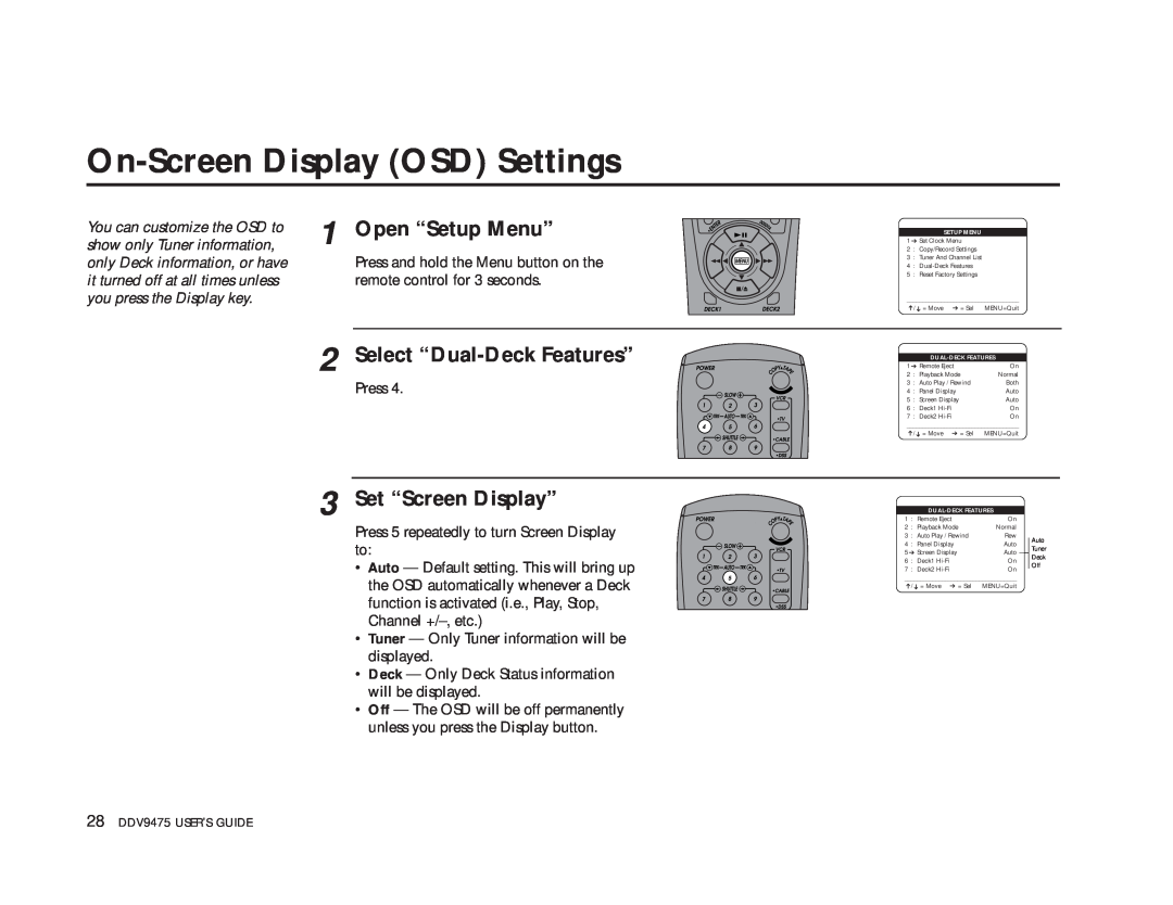 GoVideo DDV9475 manual On-Screen Display OSD Settings, Open “Setup Menu”, Set “Screen Display”, Select “Dual-Deck Features” 