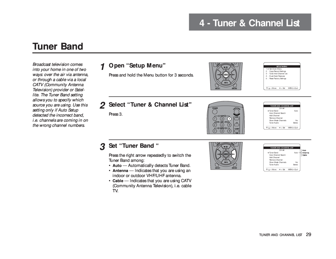 GoVideo DDV9475 manual Open “Setup Menu”, Select “Tuner & Channel List”, Set “Tuner Band “, Tuner And Channel List 