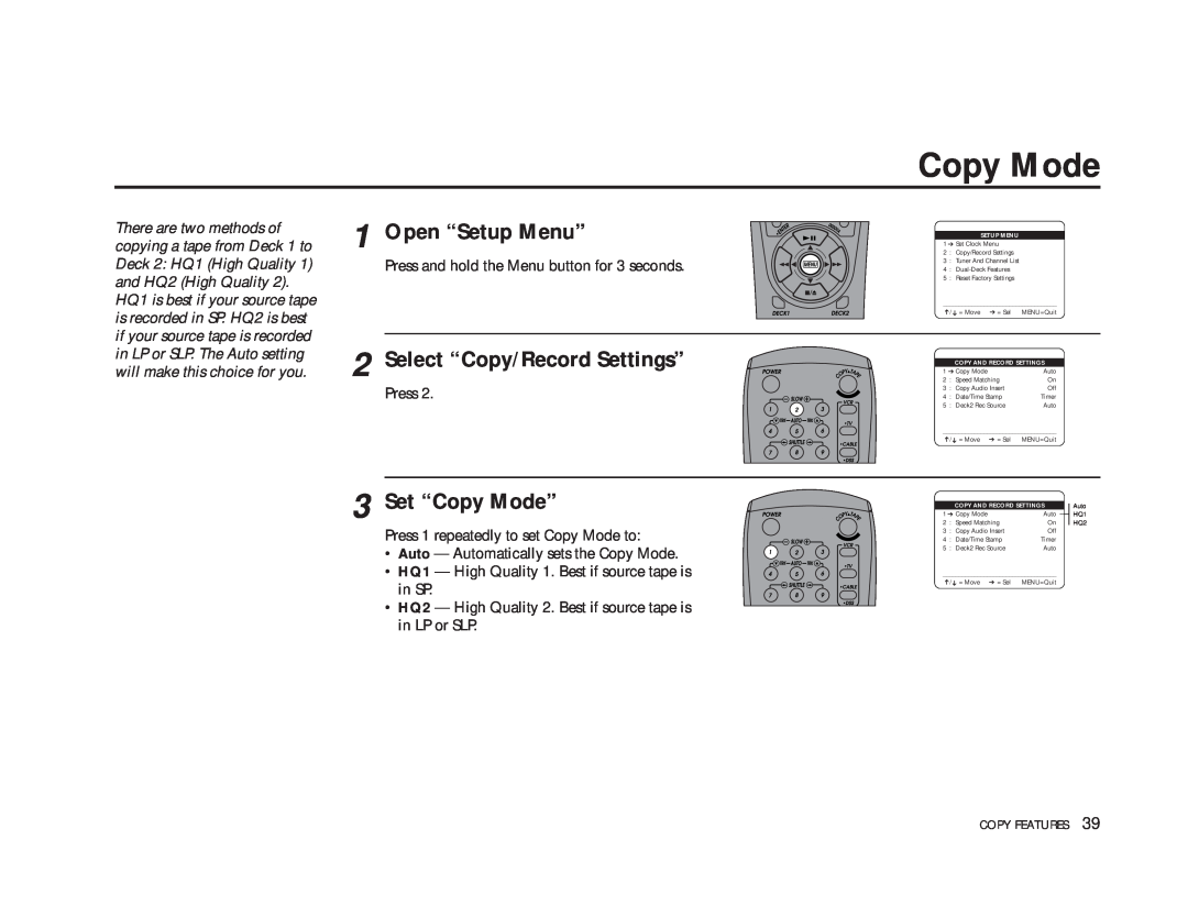 GoVideo DDV9475 manual Select “Copy/Record Settings”, Set “Copy Mode”, Open “Setup Menu”, Copy And Record Settings 