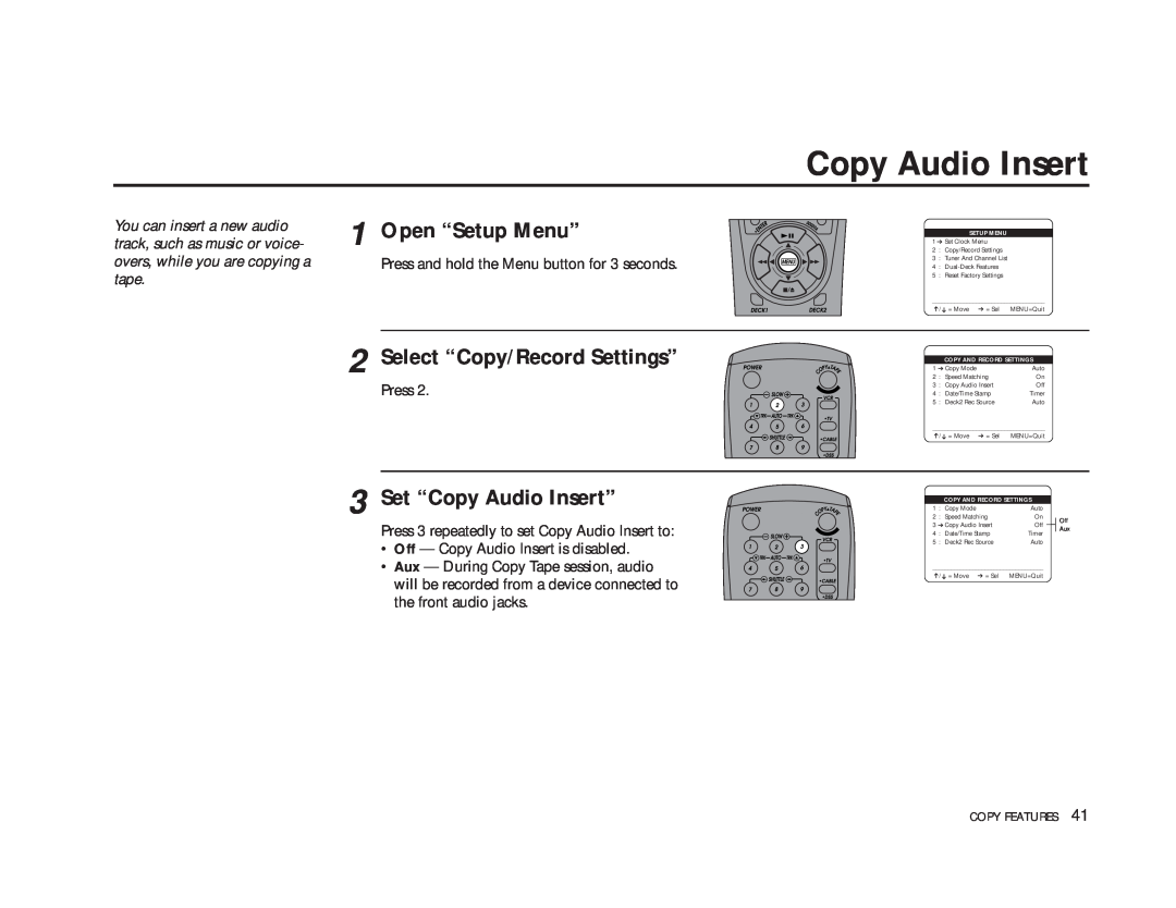 GoVideo DDV9475 Set “Copy Audio Insert”, Open “Setup Menu”, Select “Copy/Record Settings”, Copy And Record Settings 