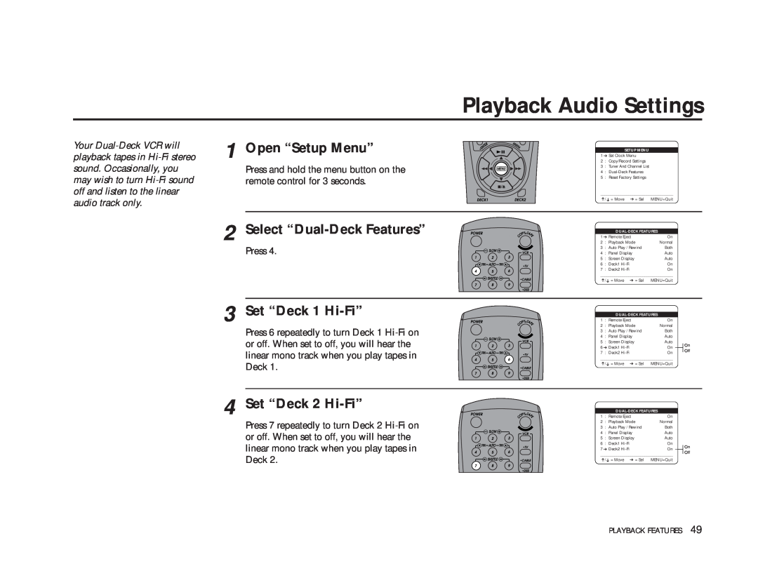 GoVideo DDV9475 manual Playback Audio Settings, Set “Deck 1 Hi-Fi”, Set “Deck 2 Hi-Fi”, Open “Setup Menu” 