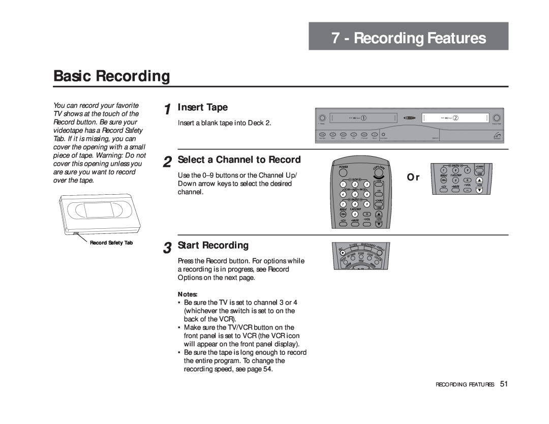 GoVideo DDV9475 Recording Features, Basic Recording, Insert Tape, Select a Channel to Record, Start Recording, channel 