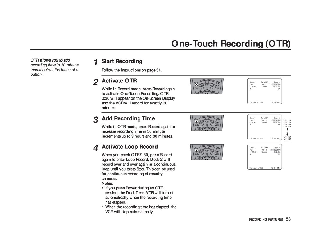 GoVideo DDV9475 manual One-Touch Recording OTR, Start Recording, Activate OTR, Add Recording Time, Activate Loop Record 