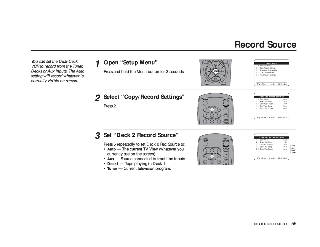 GoVideo DDV9475 Set “Deck 2 Record Source”, Open “Setup Menu”, Select “Copy/Record Settings”, Copy And Record Settings 