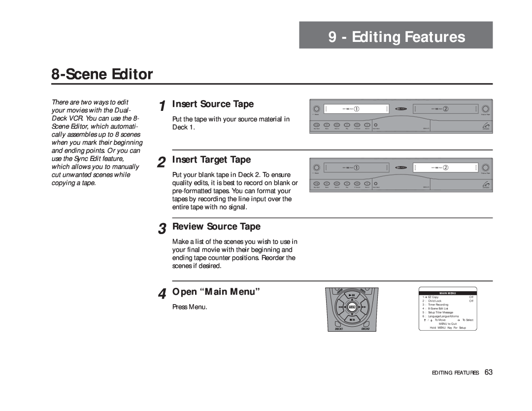 GoVideo DDV9475 manual Editing Features, Scene Editor, Review Source Tape, Open “Main Menu”, Insert Source Tape 