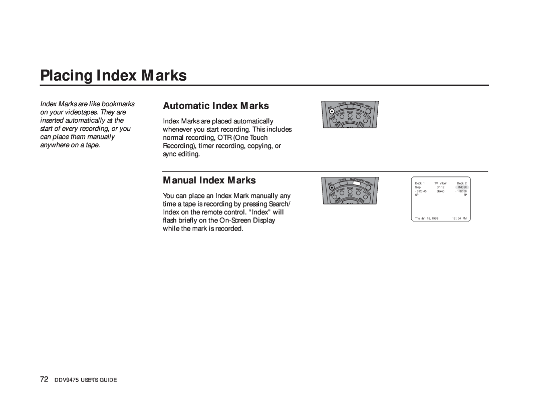 GoVideo DDV9475 manual Placing Index Marks, Automatic Index Marks, Manual Index Marks 