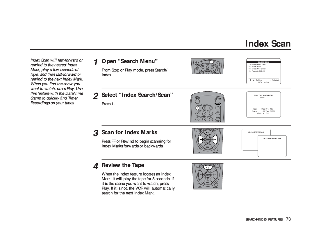 GoVideo DDV9475 manual Index Scan, Open “Search Menu”, Select “Index Search/Scan”, Scan for Index Marks, Review the Tape 