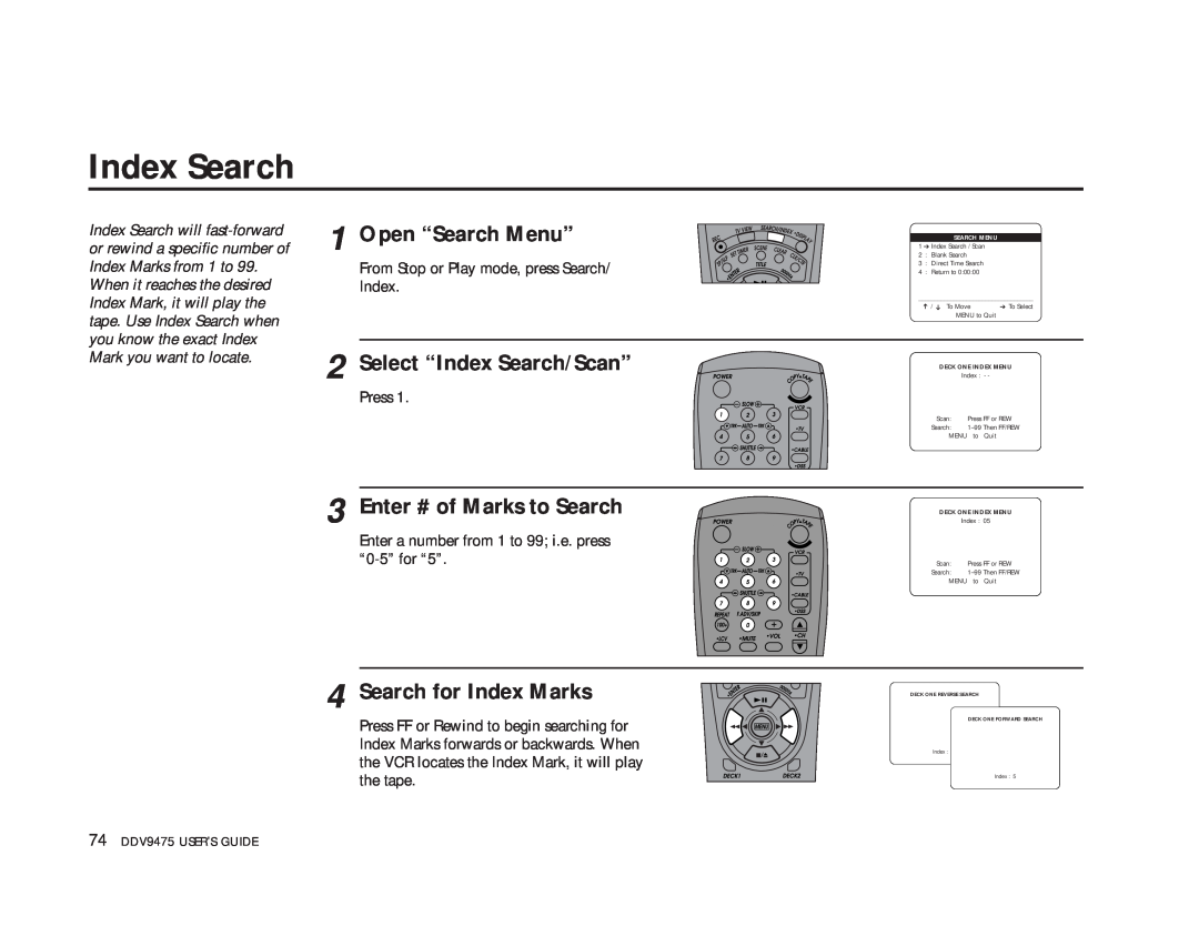 GoVideo DDV9475 manual Index Search, Enter # of Marks to Search, Search for Index Marks, Open “Search Menu” 