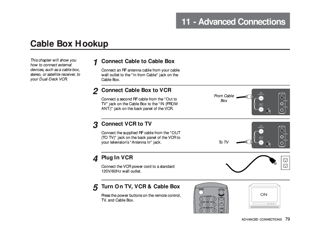 GoVideo DDV9475 Advanced Connections, Cable Box Hookup, Connect Cable to Cable Box, Connect Cable Box to VCR, Plug In VCR 