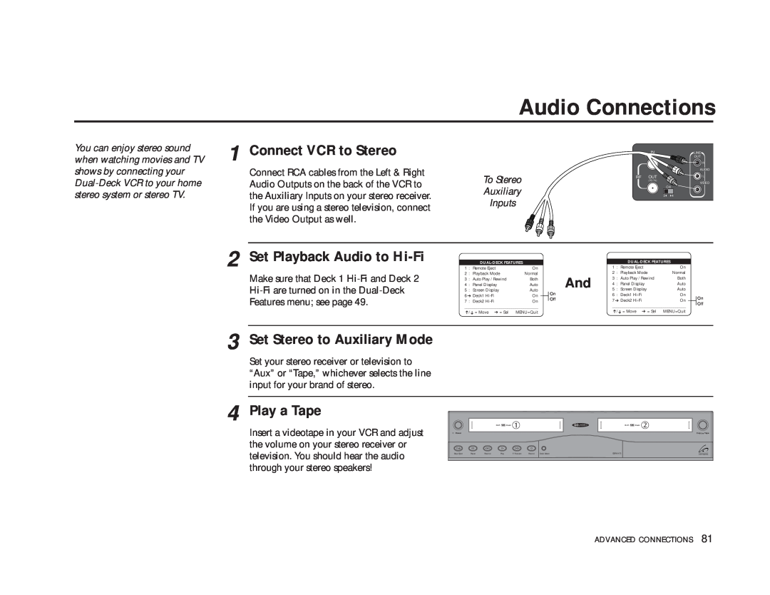 GoVideo DDV9475 manual Audio Connections, Connect VCR to Stereo, Set Playback Audio to Hi-Fi, Set Stereo to Auxiliary Mode 