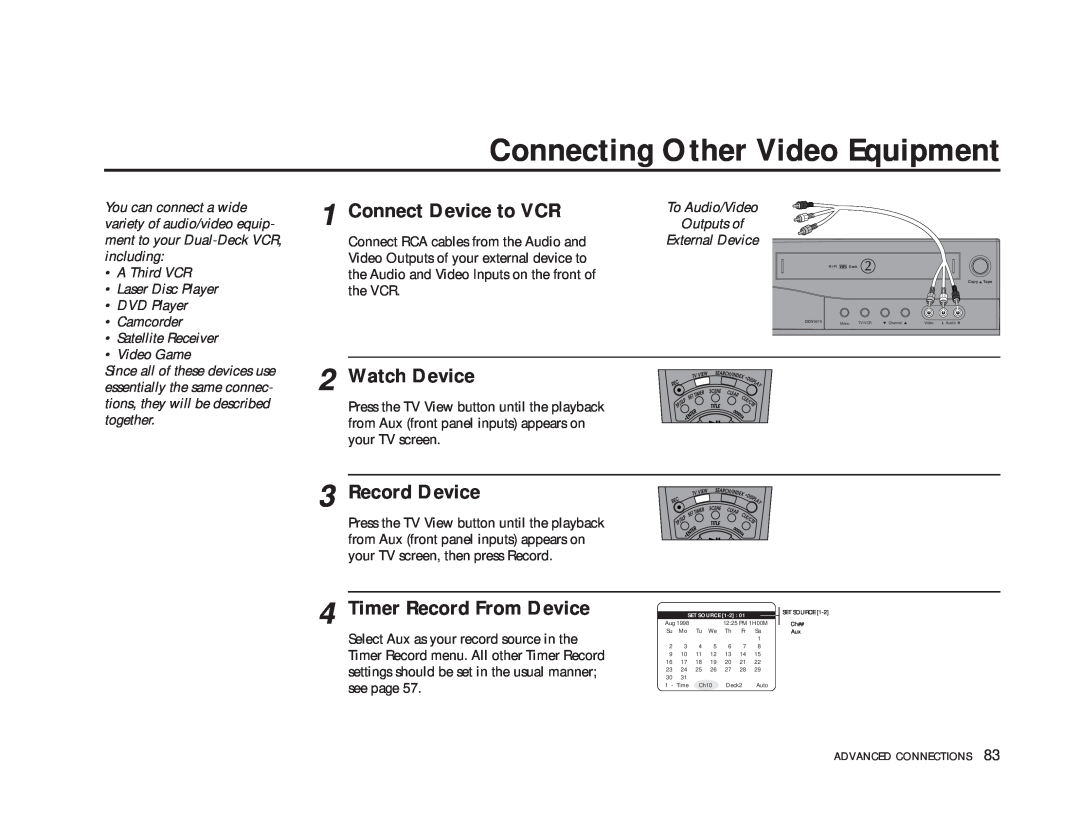 GoVideo DDV9475 manual Connecting Other Video Equipment, Connect Device to VCR, Watch Device, Record Device, Video Game 