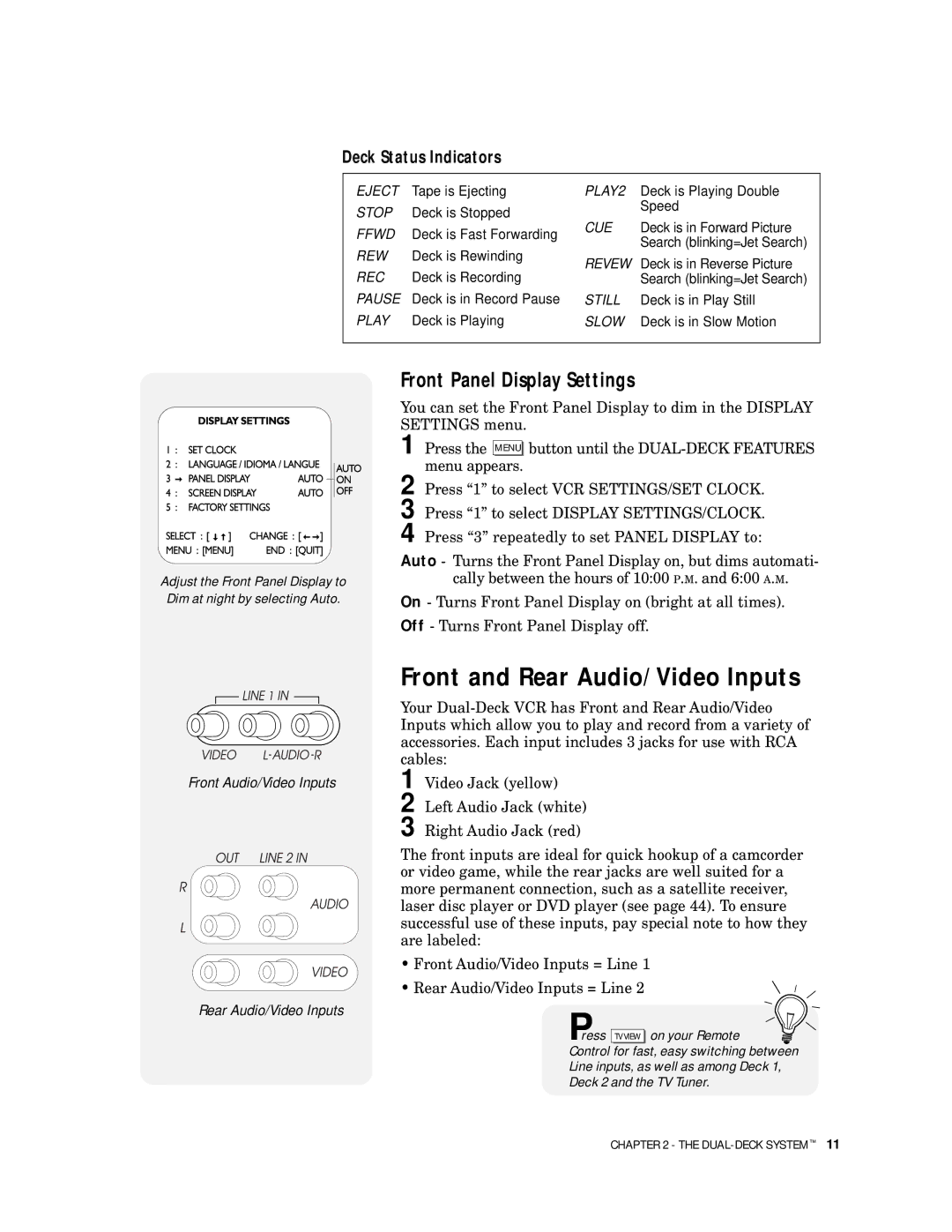 GoVideo DDV9500 manual Front and Rear Audio/Video Inputs, Front Panel Display Settings 