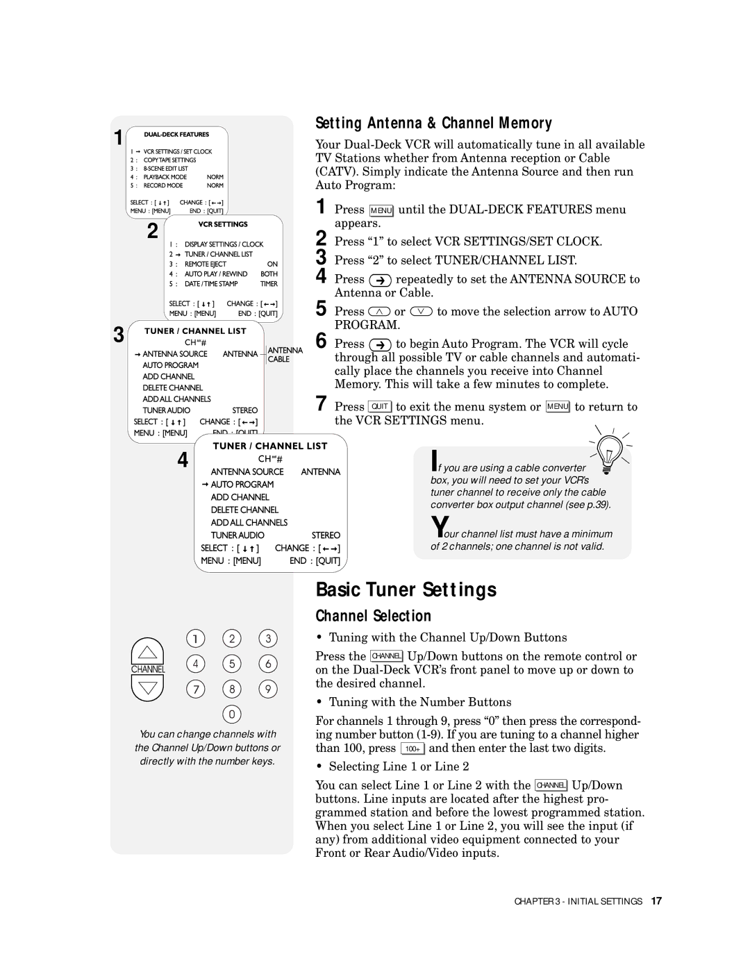 GoVideo DDV9500 manual Basic Tuner Settings, Setting Antenna & Channel Memory, Channel Selection 