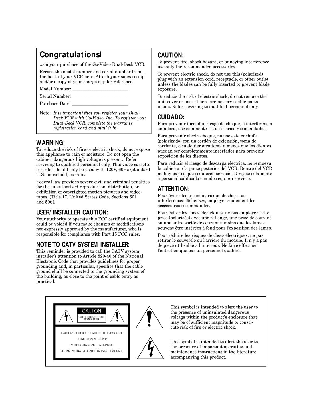 GoVideo DDV9500 manual Congratulations, Cuidado 