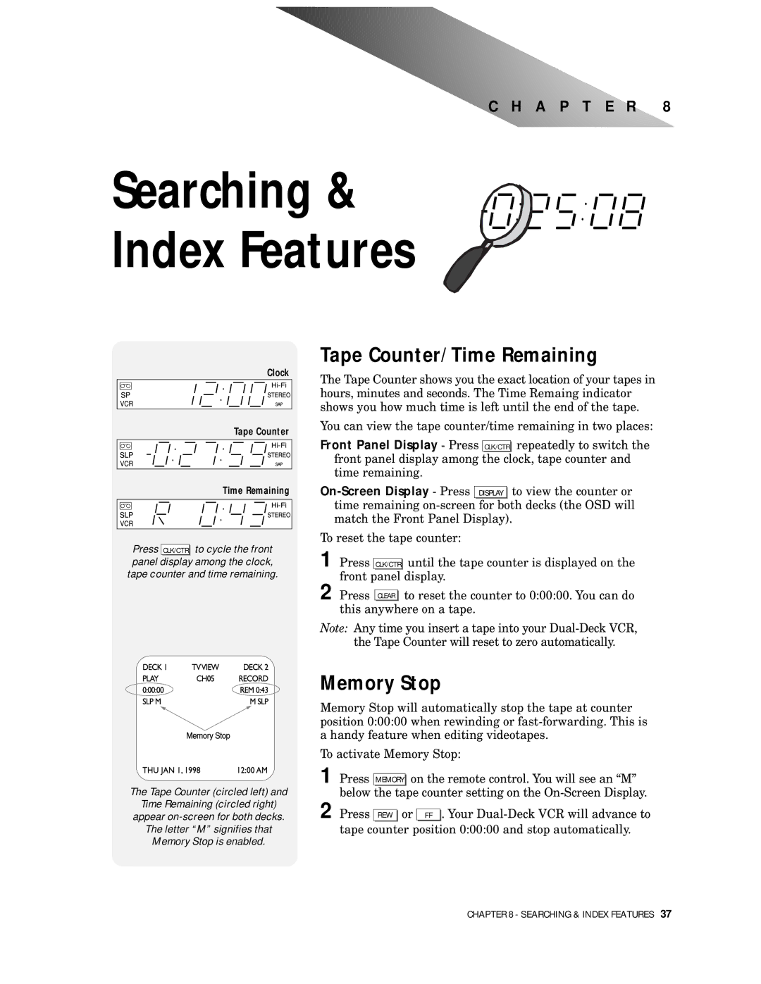 GoVideo DDV9500 manual Searching Index Features, Tape Counter/Time Remaining, Memory Stop 