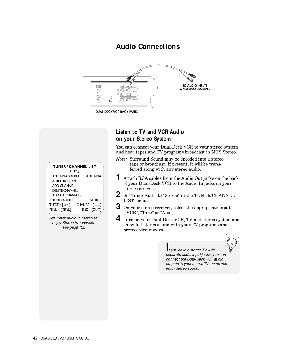 GoVideo DDV9500 manual Audio Connections, Listen to TV and VCR Audio on your Stereo System 