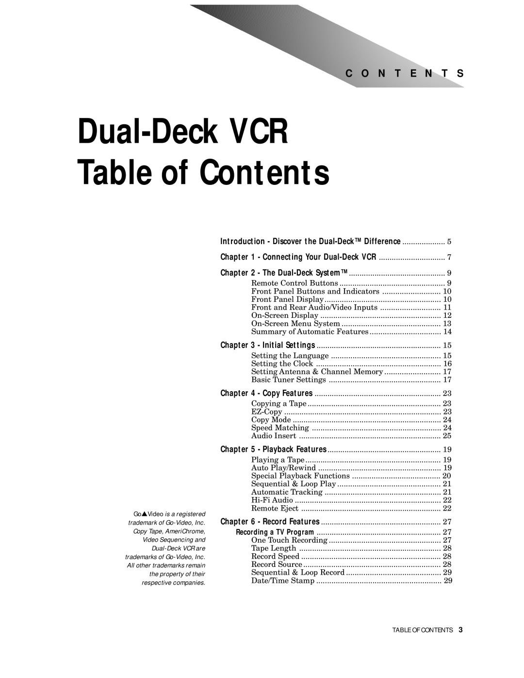 GoVideo DDV9500 manual Dual-Deck VCR Table of Contents 