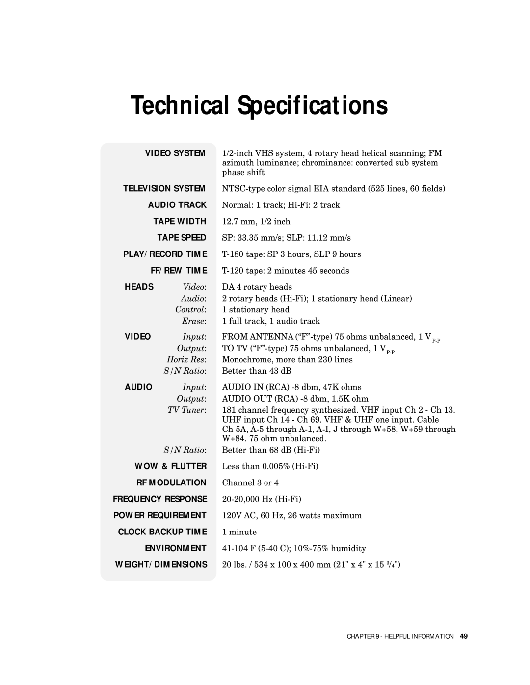 GoVideo DDV9500 manual Technical Specifications 