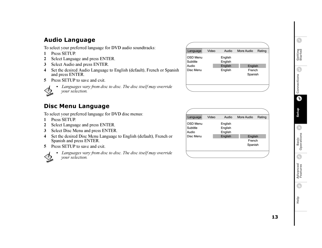 GoVideo DHT7000 manual Audio Language, Disc Menu Language 
