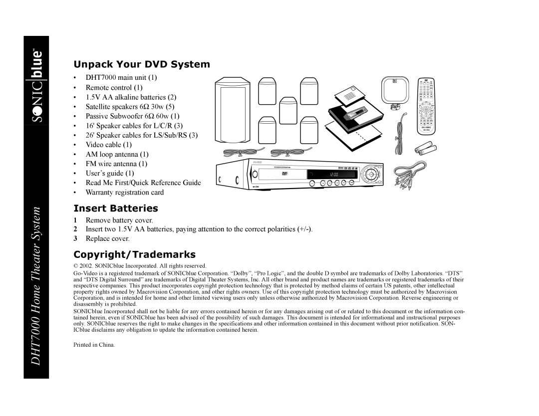 GoVideo DHT7000 manual Unpack Your DVD System, Insert Batteries, Copyright/Trademarks 