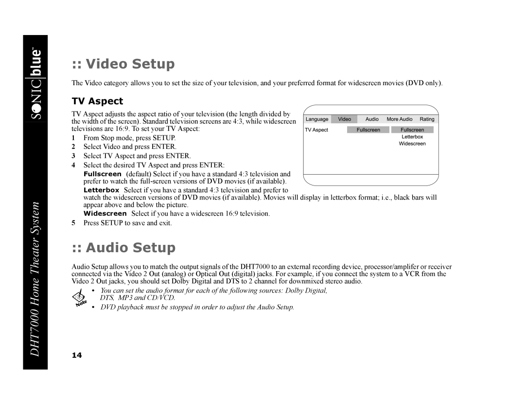 GoVideo DHT7000 manual Video Setup, Audio Setup, TV Aspect 