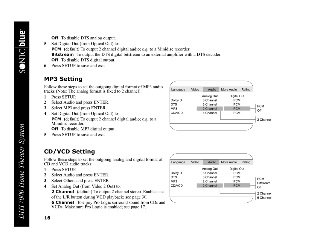 GoVideo DHT7000 manual MP3 Setting, CD/VCD Setting 