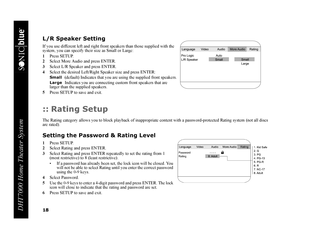 GoVideo DHT7000 manual Rating Setup, Speaker Setting, Setting the Password & Rating Level 