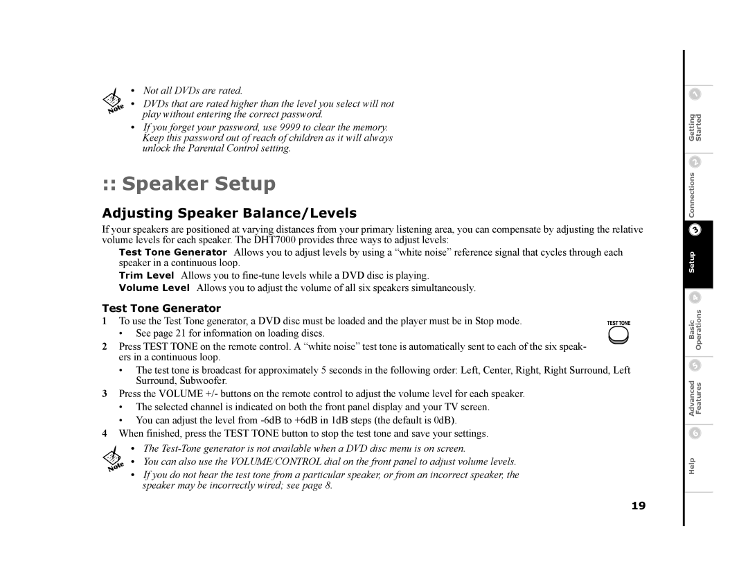 GoVideo DHT7000 manual Speaker Setup, Adjusting Speaker Balance/Levels 